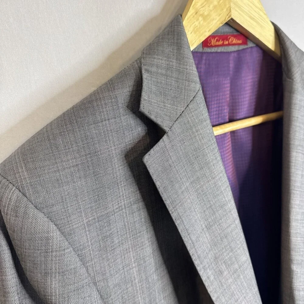 English Laundry Super 100’s Wool Blazer Gray Check 44R Two Button Classic Lined‎